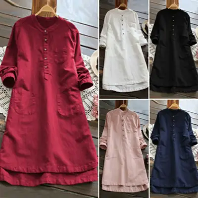 New Women Button Collar Long Shirt Asymmetrical Loose Sleeve