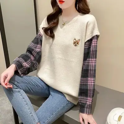 2022 Knitted Women's Sweater with Plaid Sleeves Large