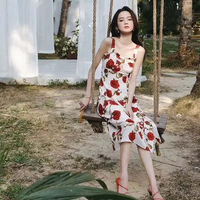 Women's Red Rose Floral Sleeveless Skirt Dress