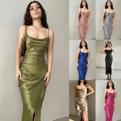 Women's Blue Satin New Sling Dress Low Cut Split Backless