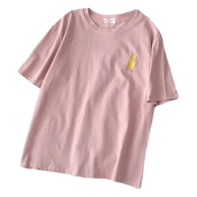 Women Grey T-Shirt with Cat Embroidery Summer Casual Wear