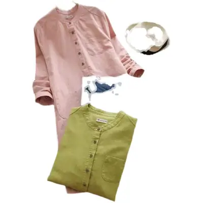Cotton Linen Long Sleeve Shirt for Girls Pink Large