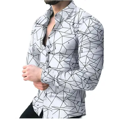 2025 Men 3D Printed Red Blue Lapel Shirt