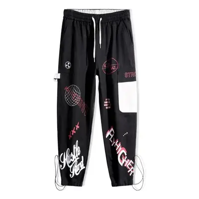 Men Korean Style Cartoon Print Pants Black White