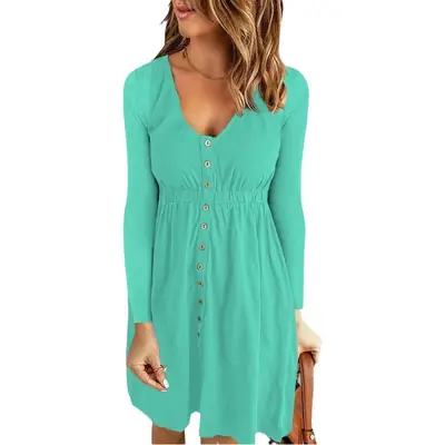 2026 V-Neck Midi Dress Solid Yellow Long Sleeve