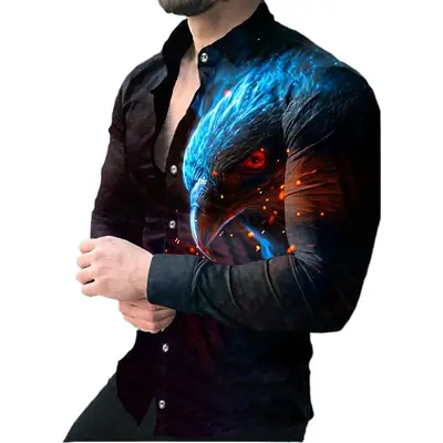 Men 3D Printed Blue Geometric Lapel Shirt Slim Fit Long Sleeve