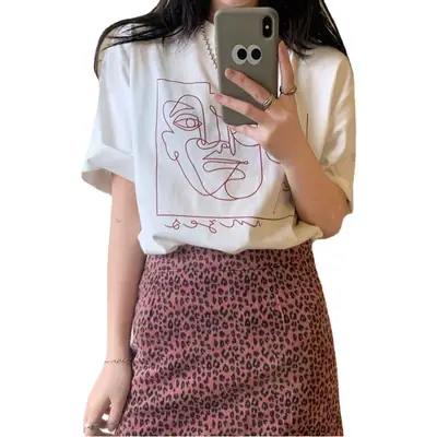 Women Korean Style Loose T-Shirt Leopard Skirt Set