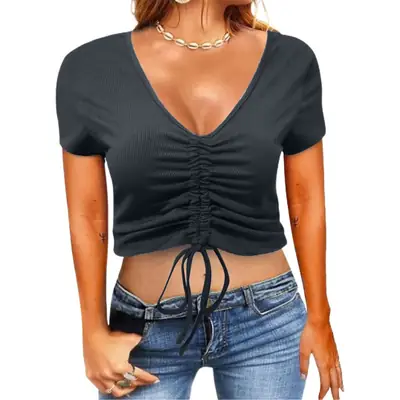 2022 Summer Drawstring V-Neck T-Shirt Women