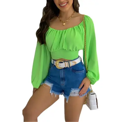 Green Off-Shoulder Lantern Sleeve Top for Women