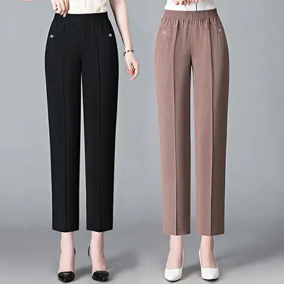 Black Straight Cropped High Waist Pants for Women