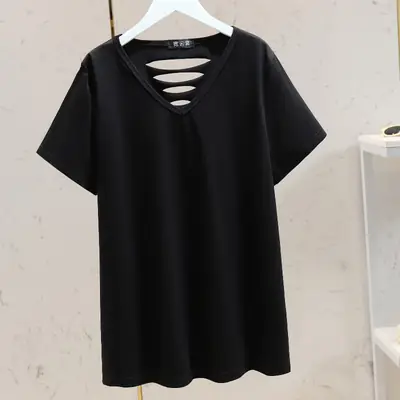 2022 Black V-Neck Slimming T-Shirt Women