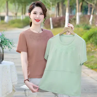 2022 Summer Embroidered T-Shirt Green Brown Plus Size