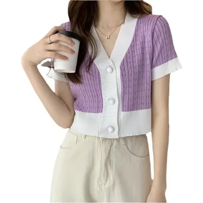 Women Knit V-Neck Short Sleeve Top Purple White