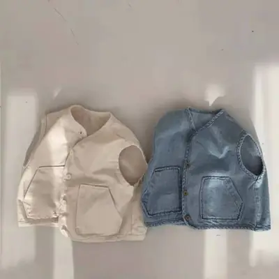 Kids Denim Vest Round Neck Loose Casual Baby Pocket