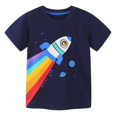 Kids Rocket Print T-Shirt Navy Blue Short Sleeve