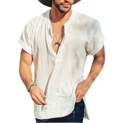 Men White Linen V-Neck Short Sleeve Shirt