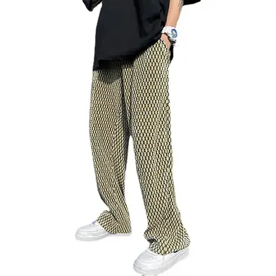Men's Black White Grid Hip Hop Drop Pants Ice Silk Leg Pants