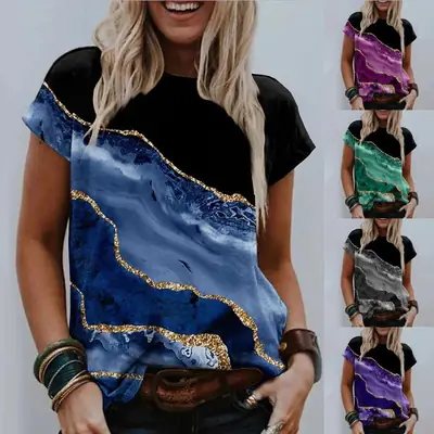 Women Blue Gold Print Pullover T-Shirt Short Sleeve Casual Wear