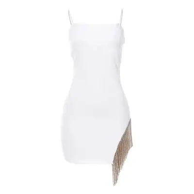 White Strapless Sleeveless Summer Dress with Fringed Hem