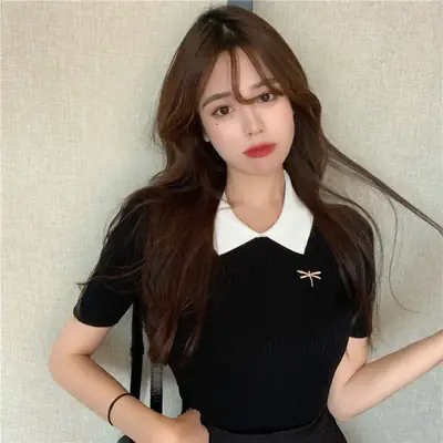 Black Embroidered Slim Fit Women's Polo T-Shirt