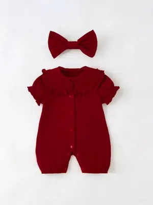 Newborn Short Sleeve Baby Girl Coveralls Set with Bow