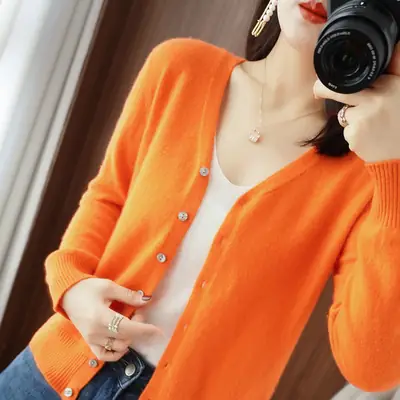 Red V-Neck Cardigan Women Loose Fit Long Sleeve