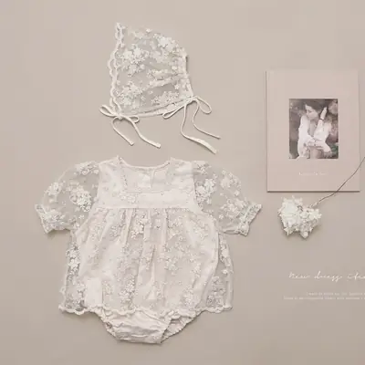 White Embroidered Lace Baby Girl Jumpsuit Set with Hat & Scarf