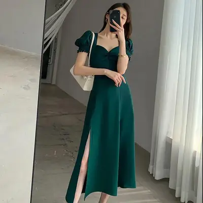 Red French Sweet Puff Sleeve A-Line Dress for Women