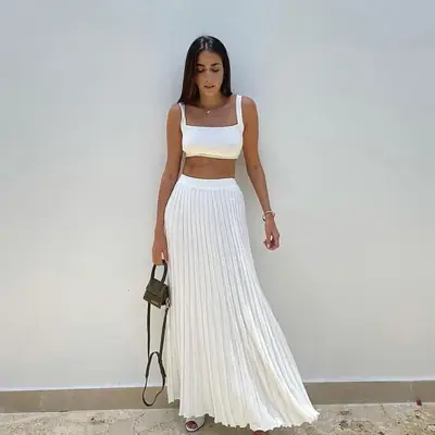 White Pleated Summer Camisole & Skirt Set