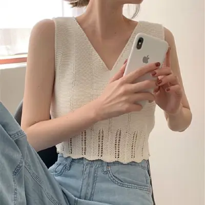 2025 Korean Style Sleeveless V Neck Knitted Vest Women