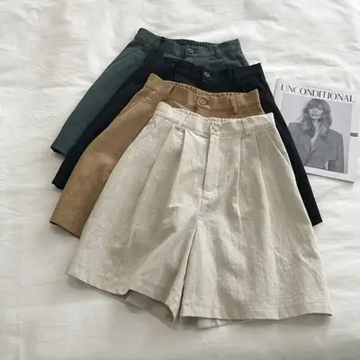 2025 Linen Wide Leg Shorts High Waist Women
