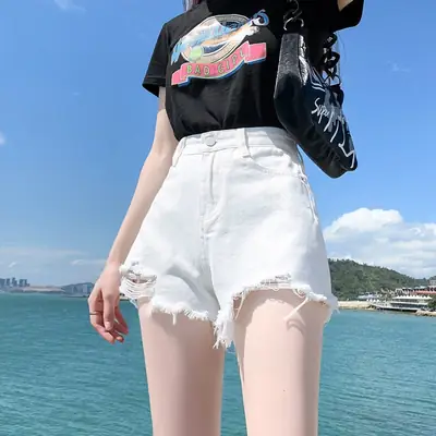 White Ripped Denim Shorts Women 2025 Slimming High Waist