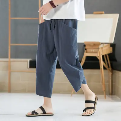 Men's Black Wide Leg Capri Pants Summer Casual Wear