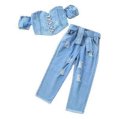 Girls Off-Shoulder Denim Ripped Top & Pants Set
