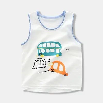 Kids Sleeveless Vest White Blue Cars Design Summer Wear