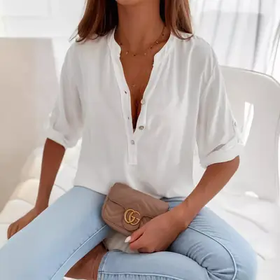 Women Pink Short Sleeve Button Top with Orange Bottom