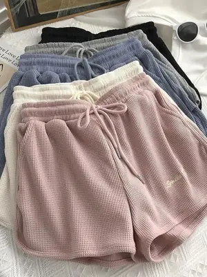 Women Waffle Shorts Grey Loose High Waist Summer Wear