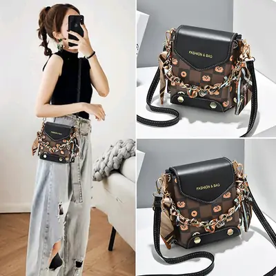 Women Mini Crossbody Phone Bag Brown Gold Chain