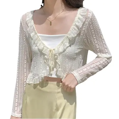 Women's White Lace Cardigan Sun Protection Shawl Skirt Set