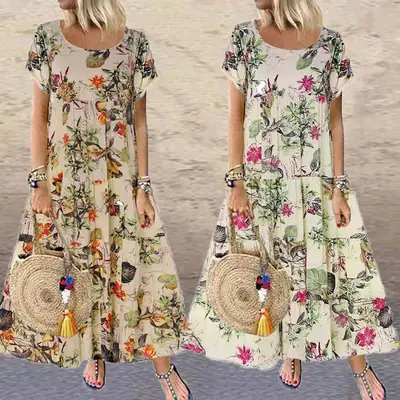 Women's 2024 Floral Print Dress Short Sleeve Round Neck