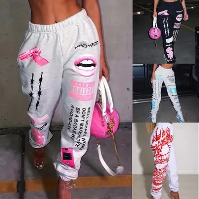 Women's Printed Elastic Waist Sports Pants White Blue 2026