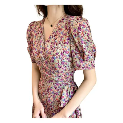 Women Floral Waist Slimming Dress V Neck Large Hem
