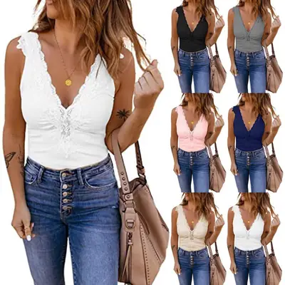 2022 Women's Deep V Neck Vest Patchwork Lace Knitted Summer