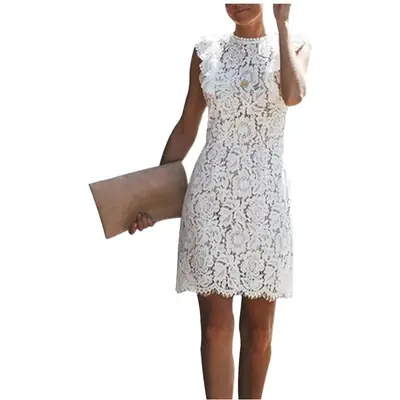 White Lace Round Neck Sleeveless Dress for Women