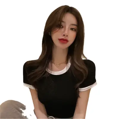 2025 Summer Women's Black Slim Fit T-Shirt with White Trim