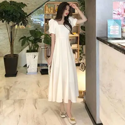 Women French Style Summer Dress Cream Puff Sleeve Waist Tight