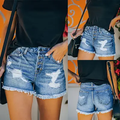 Women Ripped Wash Denim Shorts 2025 Cross Border