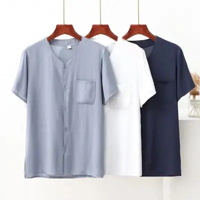 Men Cotton Silk T-Shirt with Pocket Blue White Dark Blue