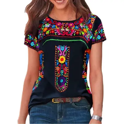 2022 Women Printed T-Shirt Black Floral Embroidery