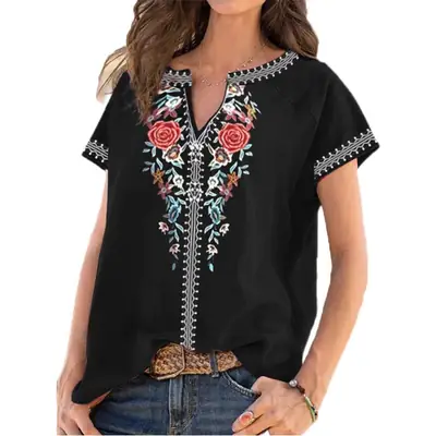 Women's 2022 Printed Embroidered T-Shirt Navy Blue